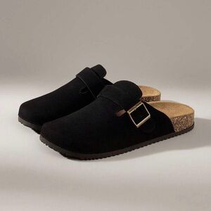 Black Suede Clogs with Buckle